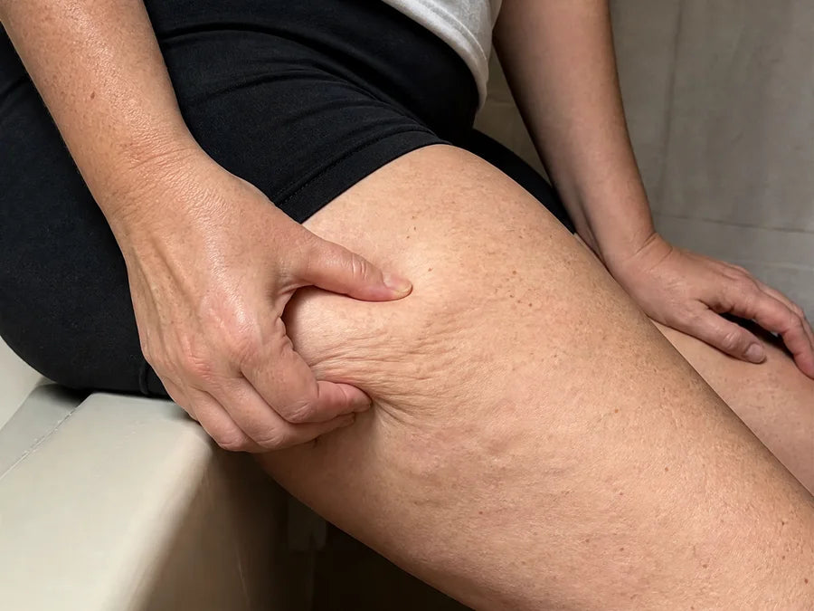 Hand pinching the back of a thigh, dimples get deeper