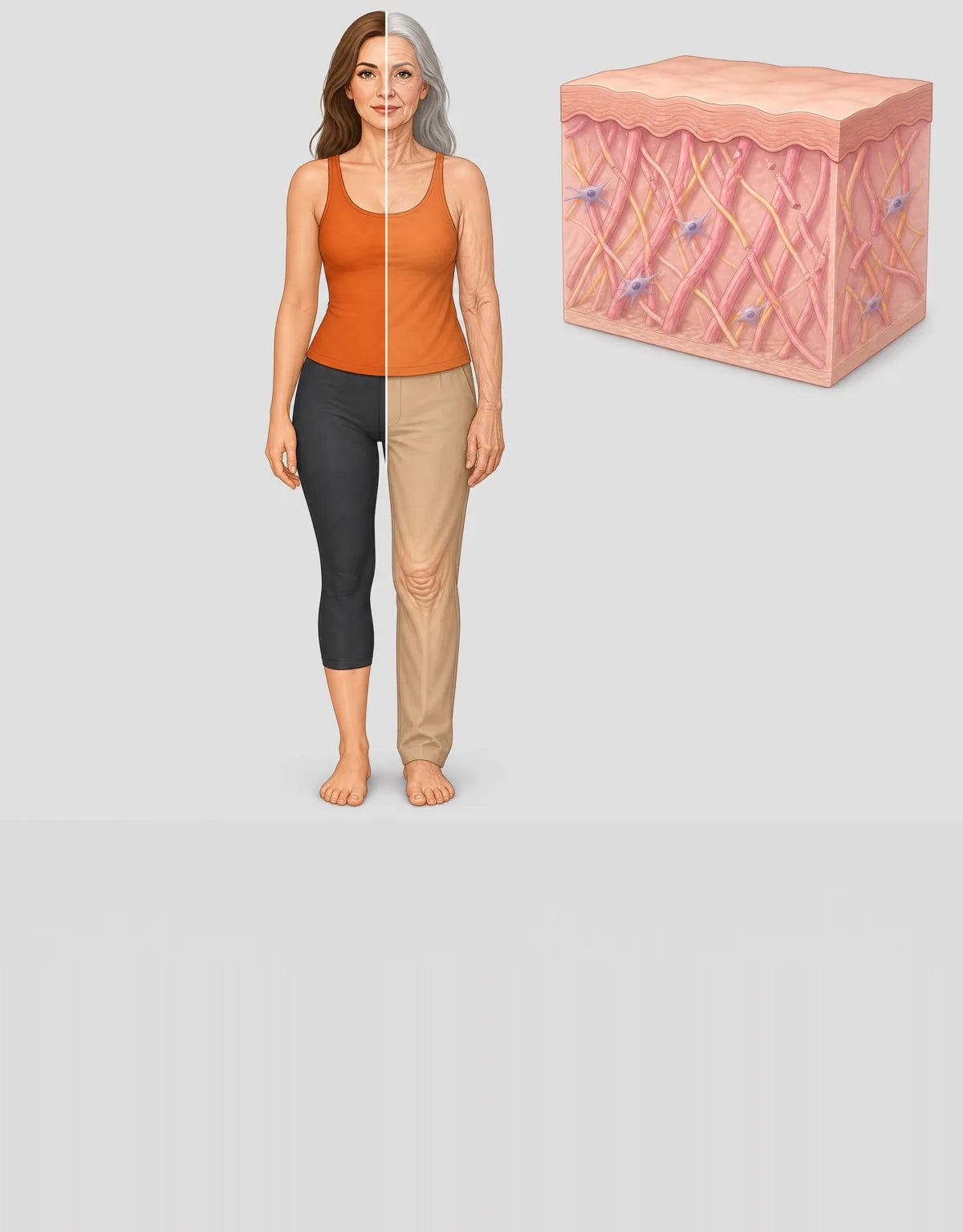 Illustration: a woman split down the middle, young on one side and older with loose skin on the other; a skin cross-section with collagen and elastin fibres; a curve of collagen falling with age