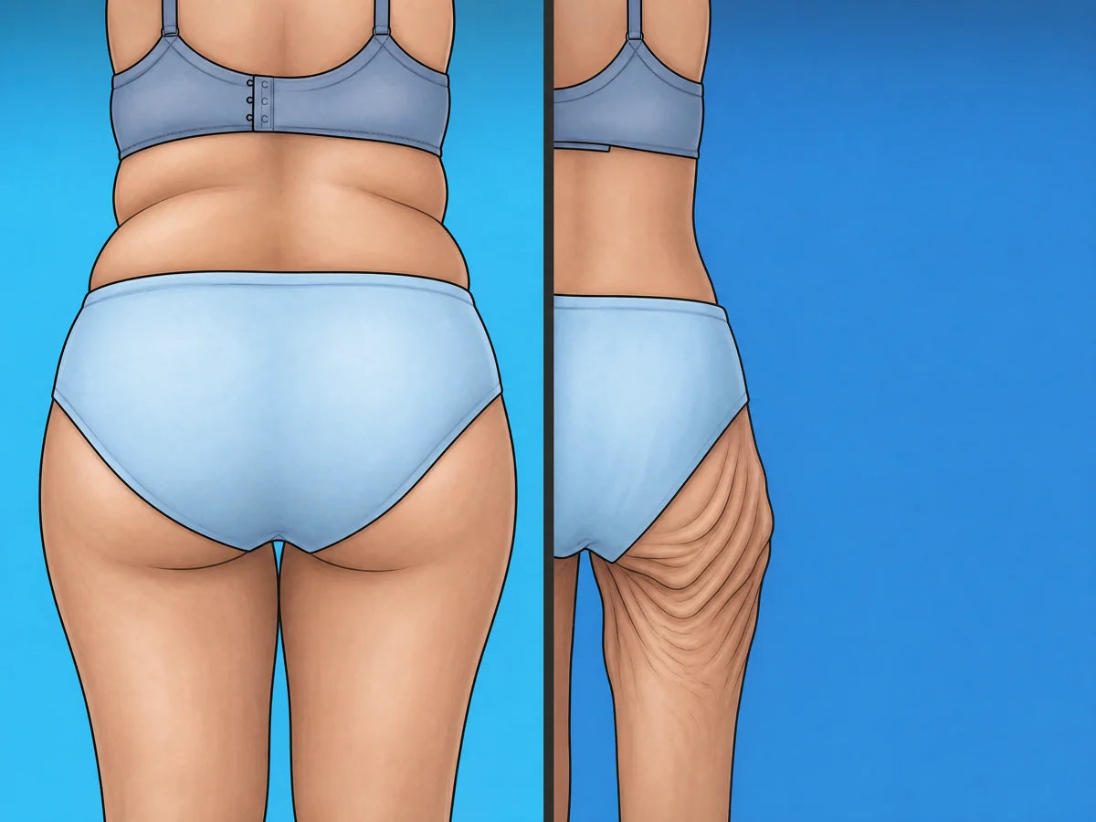 Illustration, rear view: before, an overweight woman with back rolls and full round hips; after fast weight loss, a much slimmer body with a smaller, deflated butt and folds of sagging, loose, crepey skin below it