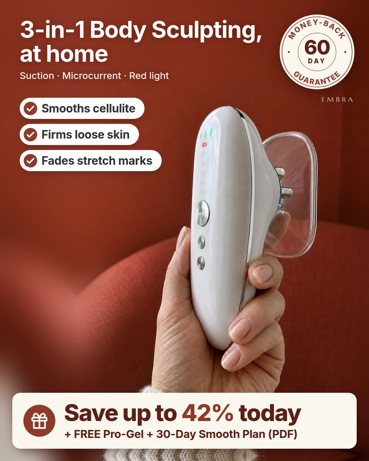 Hand holding the CONTURA 3-in-1 device: smooths cellulite, firms loose skin, fades stretch marks